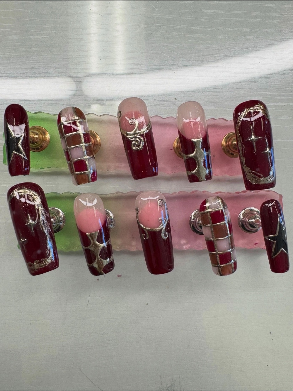 Burgundy and Pink Artistic Press-On Nail Set